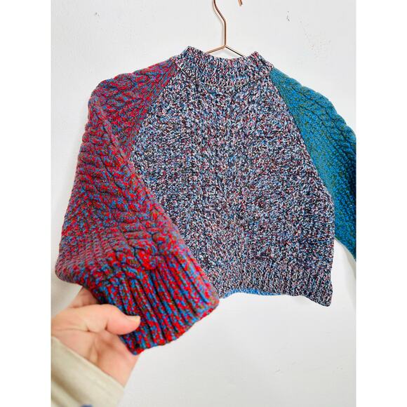 JIL SANDER NAVY Blue Red Colorblock 100% Wool Cable Knit Long Sleeve Sweater M - Picture 3 of 13